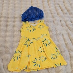 Yellow & Blue Floral Kids Costume Dress with Blue Wig